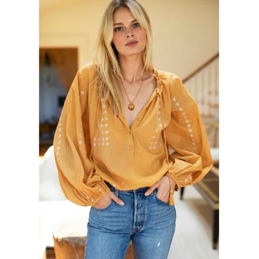 Emerson Fry India Collection Womens Yellow Honey Embroidered Bardot Top Size XS